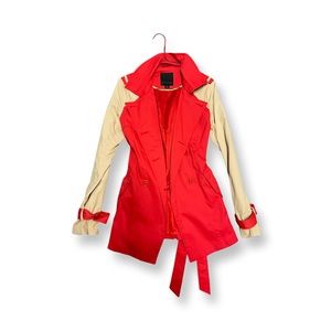 Red and beige trench coat